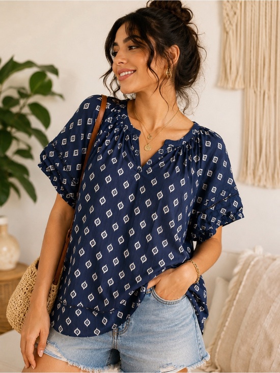 Lane Bryant Tops - Lane Bryant 26/28 Navy Boho Print Peasant Top Puff Sleeve Plus Size